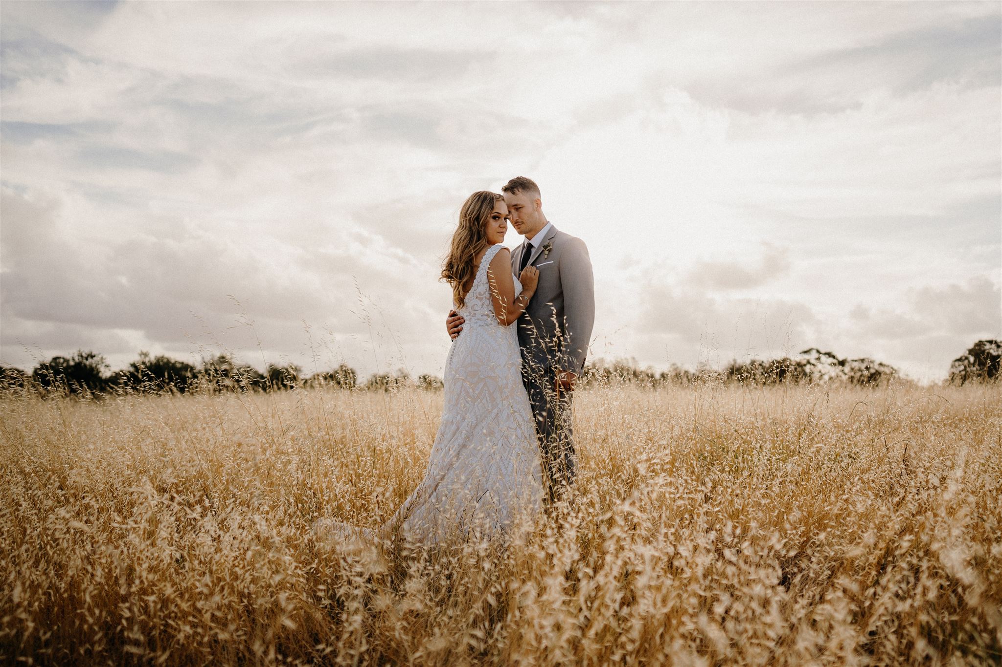 A Bride and Groom stand in the middle of a golden field during their wedding photoshoot with Tashina Narelle Photo + Video